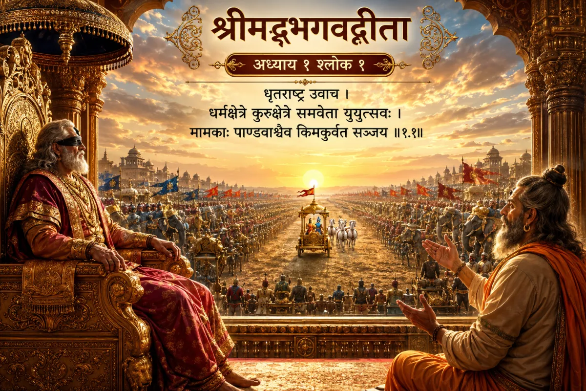 श्रीमद्भगवद्गीता अध्याय 1 श्लोक 1 – धृतराष्ट्र उवाच: धर्मक्षेत्रे कुरुक्षेत्रे… | संपूर्ण अर्थ, शब्दार्थ और विस्तृत परिचय