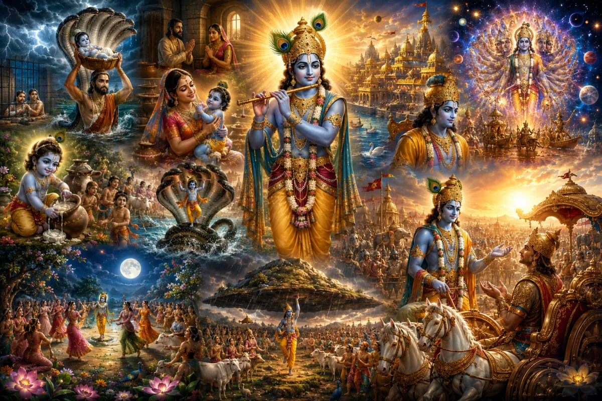 भगवान श्रीकृष्ण का जीवन परिचय: जन्म, बाल लीलाएं, शिक्षा, भगवद्गीता और महाभारत में दिव्य भूमिका