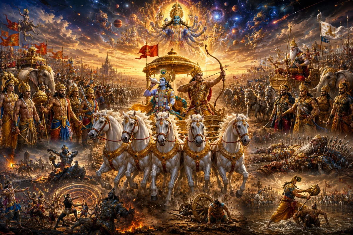 महाभारत युद्ध का इतिहास: कारण, 18 दिनों का युद्ध, प्रमुख योद्धा, श्रीकृष्ण की भूमिका और महाभारत से मिलने वाली शिक्षाएँ