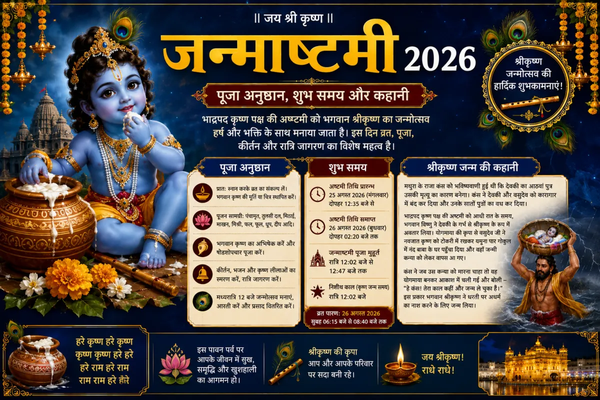जन्माष्टमी 2026: पूजा अनुष्ठान, शुभ समय, व्रत कथा और श्रीकृष्ण जन्म की कहानी